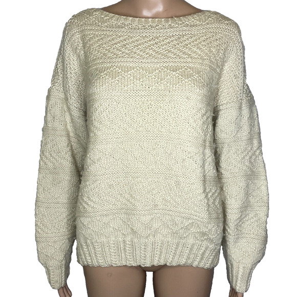 Women's Medium Vtg Pingouin Brazil Ivory Cable Knit 100% Wool Fisherman Sweater - Picture 1 of 4